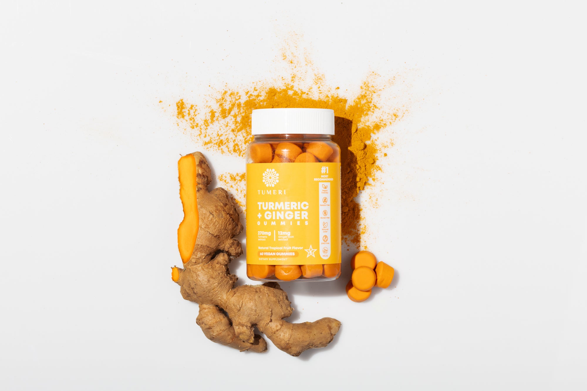 turmeric ginger gummies bottle and root